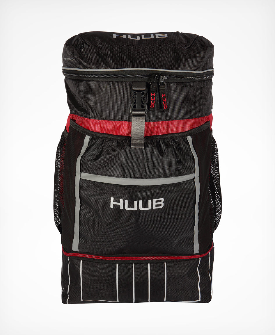 HUUB Transition Rucksack – large (40L) triathlon gear bag, with waterproof, helmet, and multiple compartments, available Olive/Orange or Dark Red/Black.