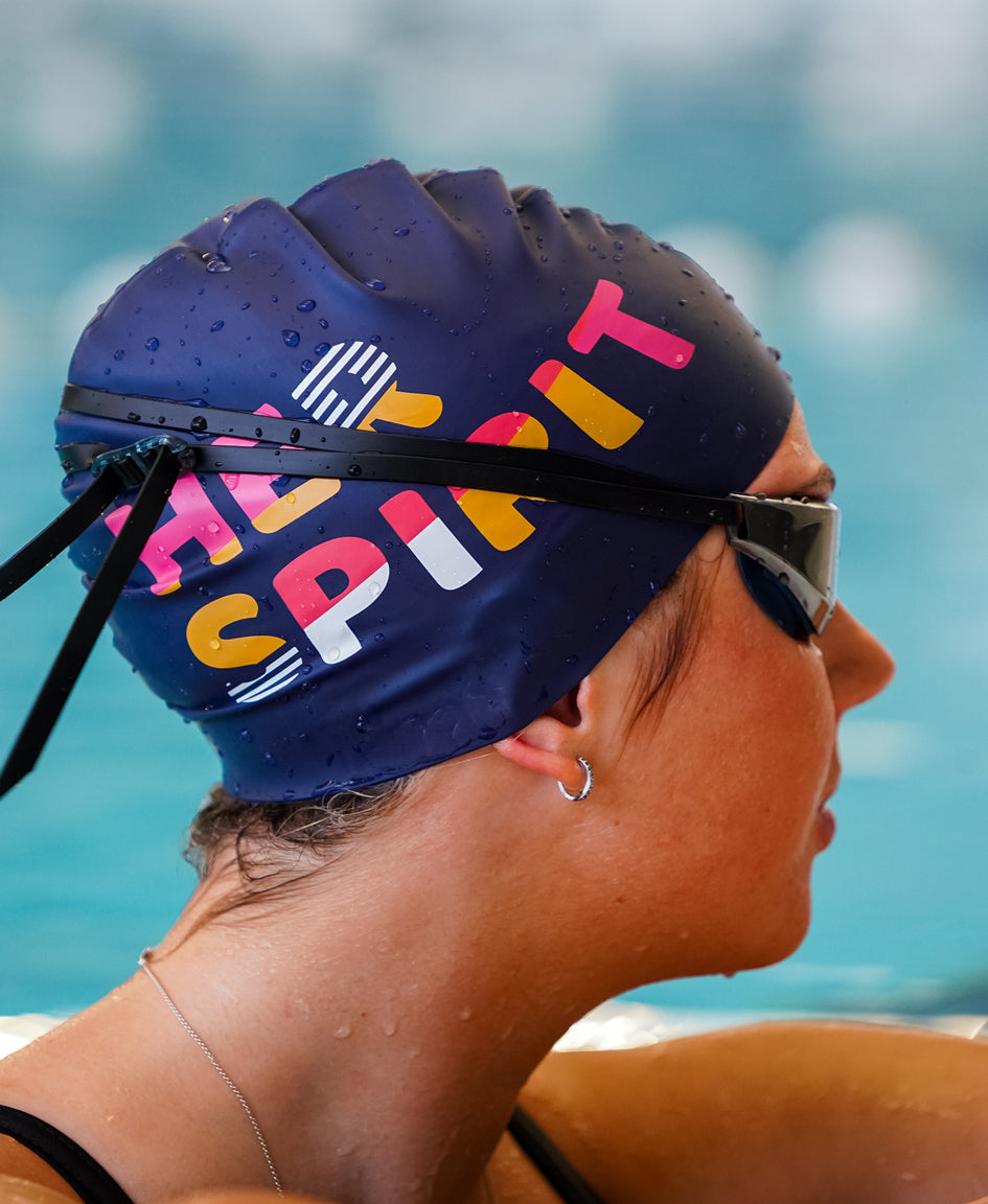 HUUB Her Spirit Swim Cap Patchwork – colorful, lightweight, flat silicone swim hat for pool or open water
