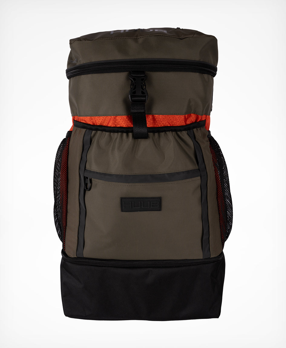 HUUB Transition Rucksack – large (40L) triathlon gear bag, with waterproof, helmet, and multiple compartments, available Olive/Orange or Dark Red/Black.