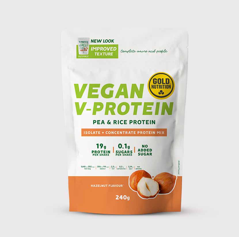 GoldNutrition V-PROTEIN in Hazelnut flavor, 240g jar, showing the product container with label and hazelnut imagery.