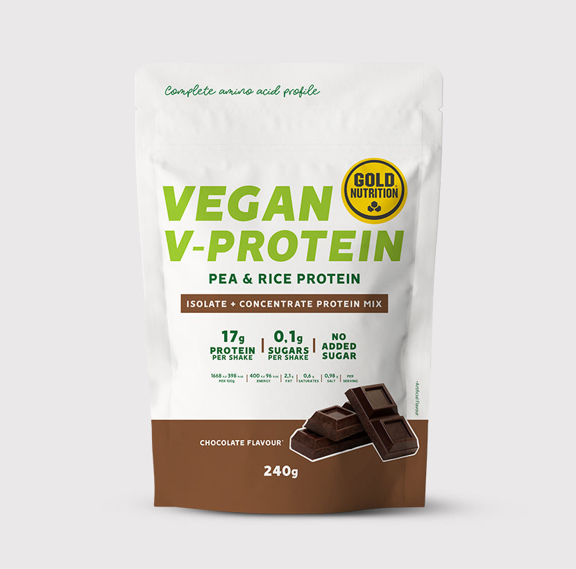 GoldNutrition V-PROTEIN hazelnut flavor in 240g container, showing the product packaging and branding.