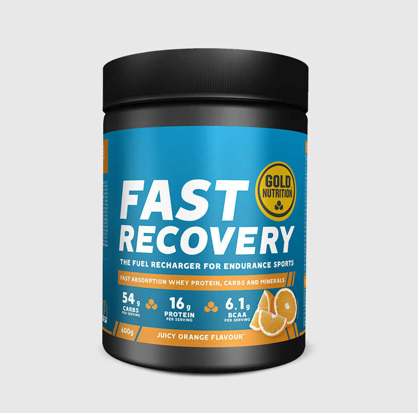 GoldNutrition Fast Recovery Drink Powder tub product view.