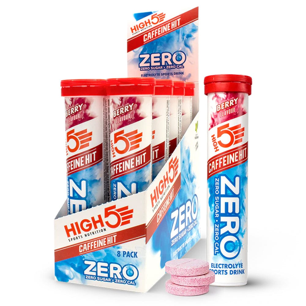 High5 ZERO Caffeine Hit Electrolyte Drink tube with 20 servings, berry flavor, featuring colorful drink sachets and branding.