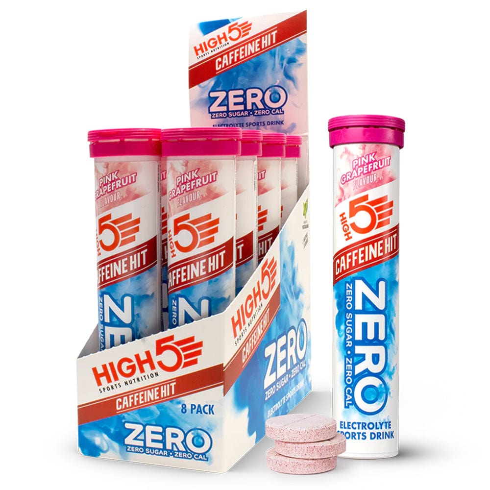 High5 ZERO Caffeine Hit Electrolyte Drink tube with 20 servings, berry flavor, showing the colorful packaging and product label.