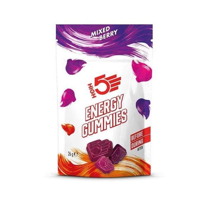 High5 Energy Gummies in colorful fruit flavors, showing a close-up of the chewy, vitamin-enriched supplement tablets.