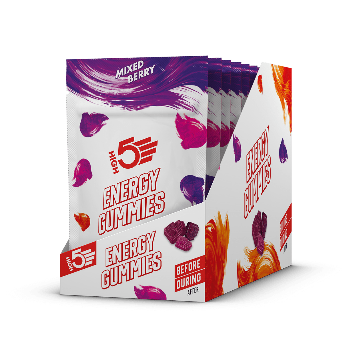 High5 Energy Gummies in vibrant colors, showcasing chewy, fruit-flavored energy supplements for active lifestyles.