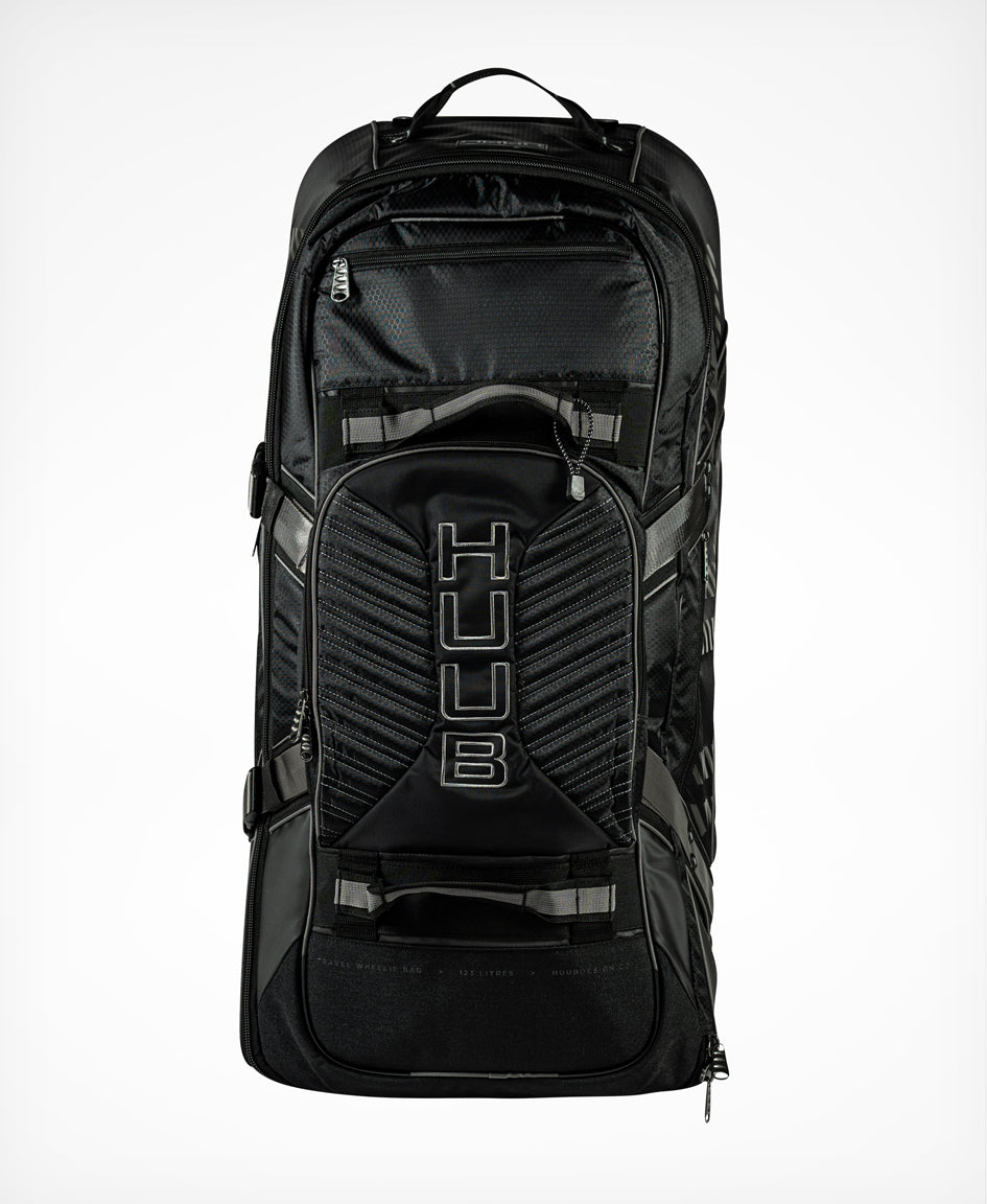 HUUB Travel Wheelie Bag – 95L, hard wheels, retractable handle, internal pockets, black pro athlete luggage