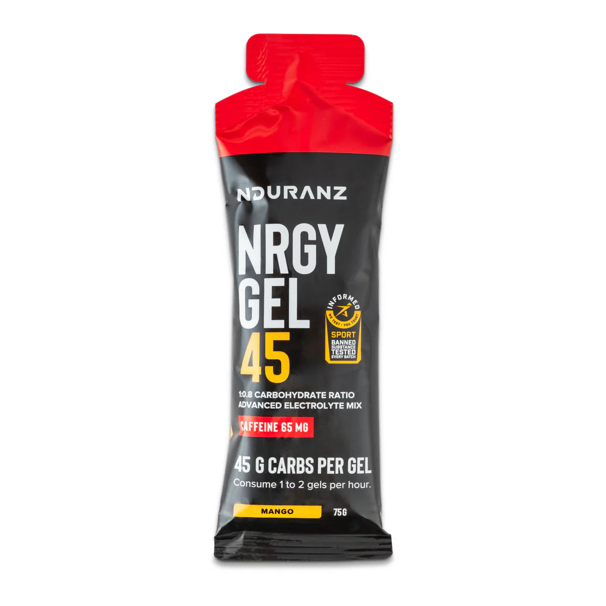 Nduranz Energy Gel 45 with caffeine in a squeeze pack, showing the gel's smooth texture and vibrant packaging for athletes.