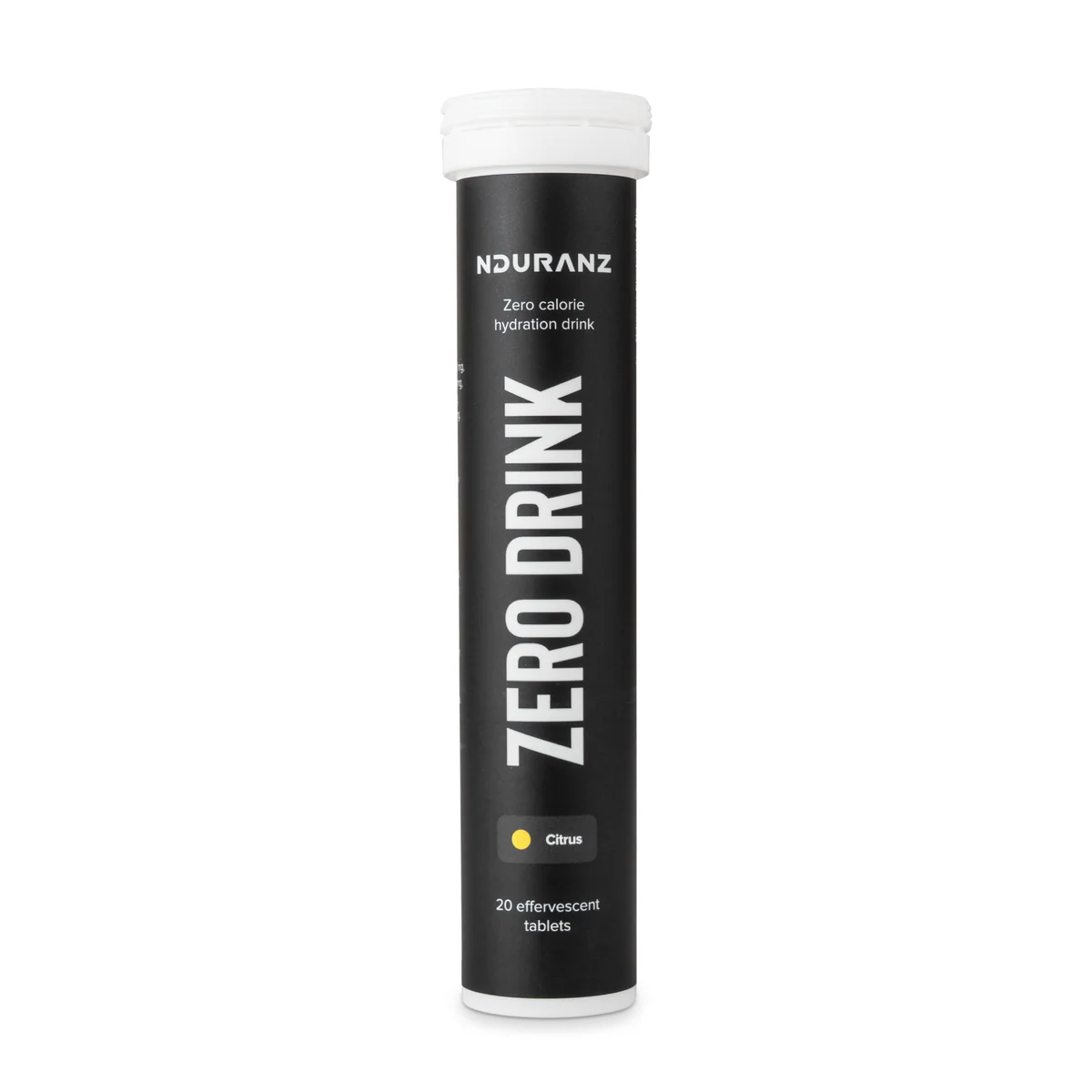 Nduranz Zero Drink electrolyte tablets in citrus flavor, stored in a single tube, designed for hydration and replenishing electrolytes.