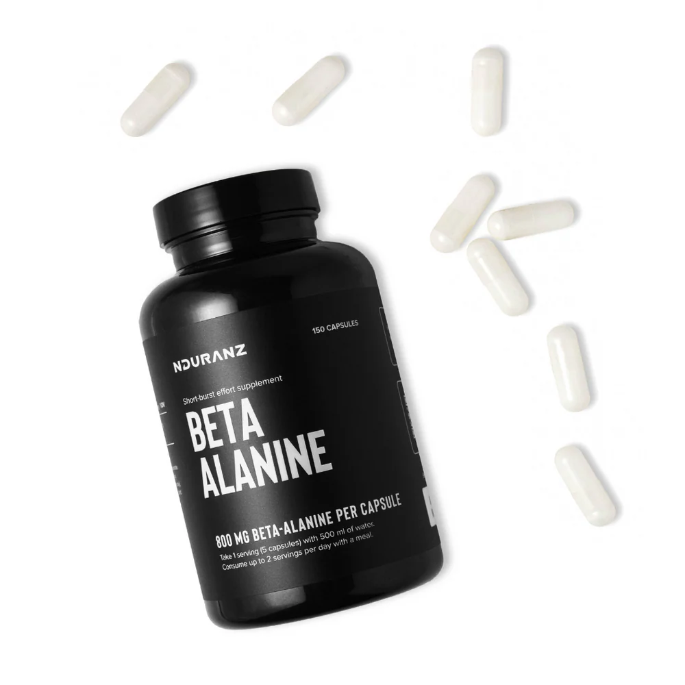 Nduranz Beta Alanine supplement bottle with label, showing capsules and product branding, on a white background.