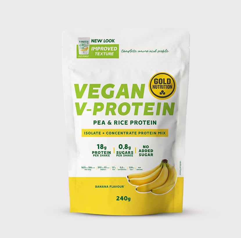 V-PROTEIN hazelnut flavor protein powder by GoldNutrition in a 240g container, with a close-up of the product packaging.
