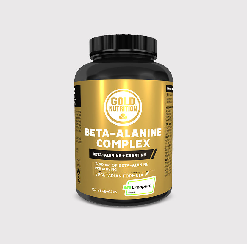 GoldNutrition Beta Alanine Complex supplement capsule bottle with colorful label, showcasing vitamins and amino acids for athletic performance.