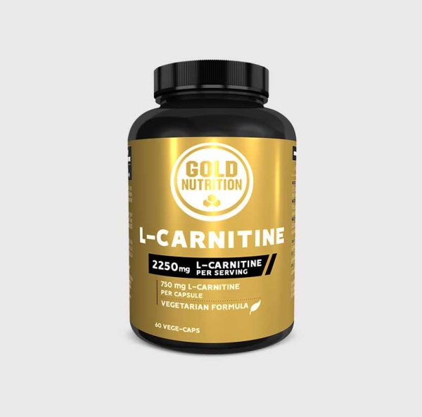 GoldNutrition L-Carnitine supplement bottle with capsules, showing the label and capsules inside the container.