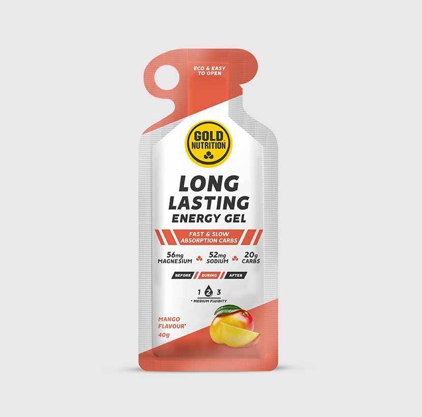 GoldNutrition Long Lasting Gel vitamin supplement in mango flavor, displayed in single-serve packaging.