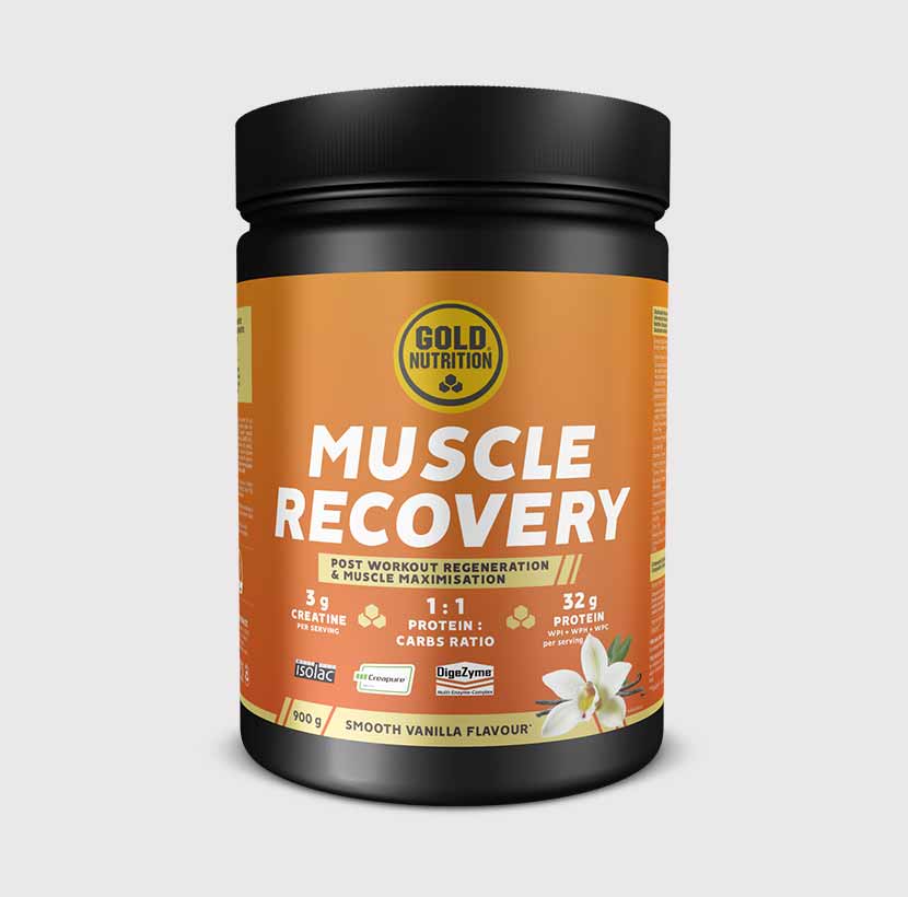 GoldNutrition Muscle Recovery 900g vanilla supplement container, vitamins and supplements for post-workout muscle support.