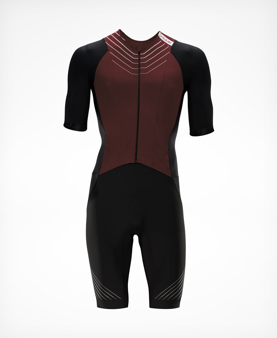 HUUB Pinnacle Tri Suit Men’s – Clay, Steel Blue, open zip aero race-fit suit, arms neutral design.