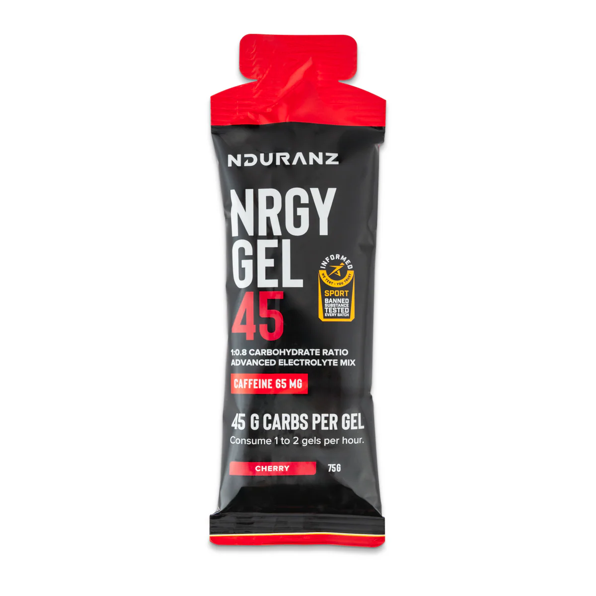 Nduranz Energy Gel 45 with caffeine and carbs in a small, portable packet, ideal for quick energy during sports or workouts.
