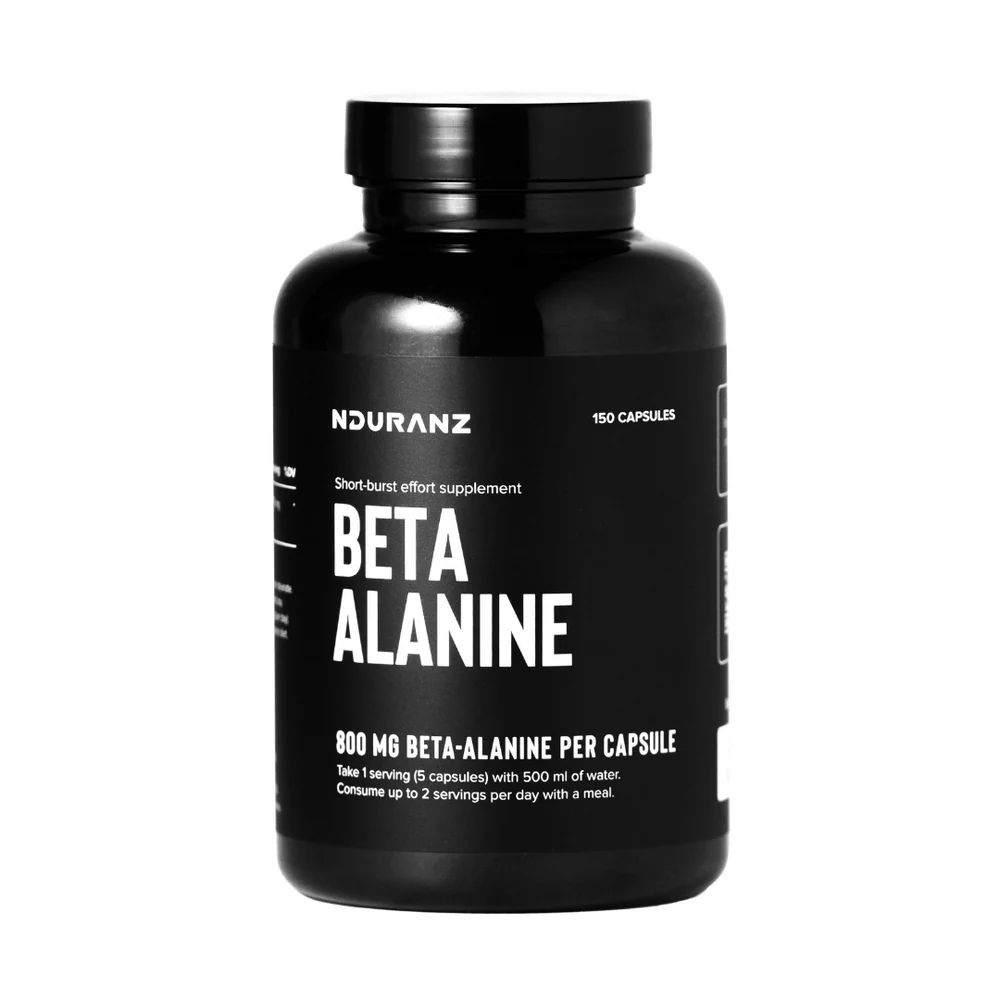 Nduranz Beta Alanine supplement bottle with label, showing powder capsules and supplement information for athletic performance.