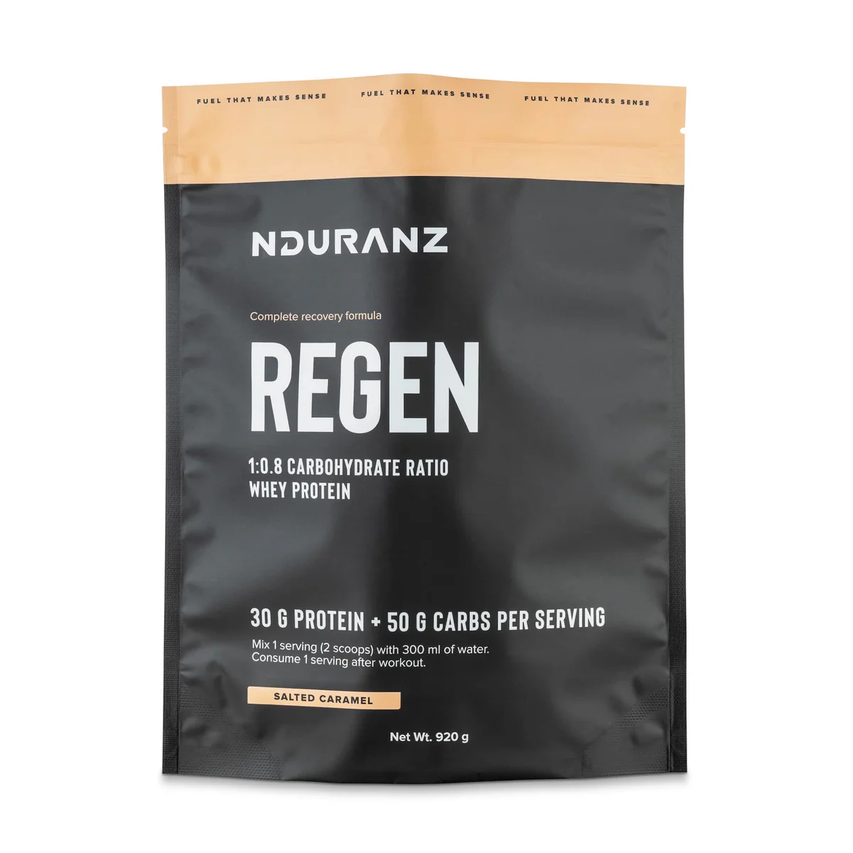 Nduranz Regen Recovery Drink featuring hazelnut flavor, designed to help with post-exercise recovery and energy replenishment.