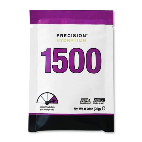 Precision Fuel & Hydration electrolyte and carbohydrate drink mix in a colorful powder packet, ready for mixing with water.