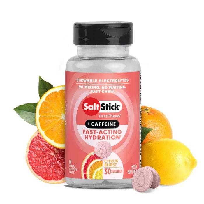 SaltStick Fastchews with caffeine, orange-flavored electrolyte supplements in a blister pack for hydration and energy.