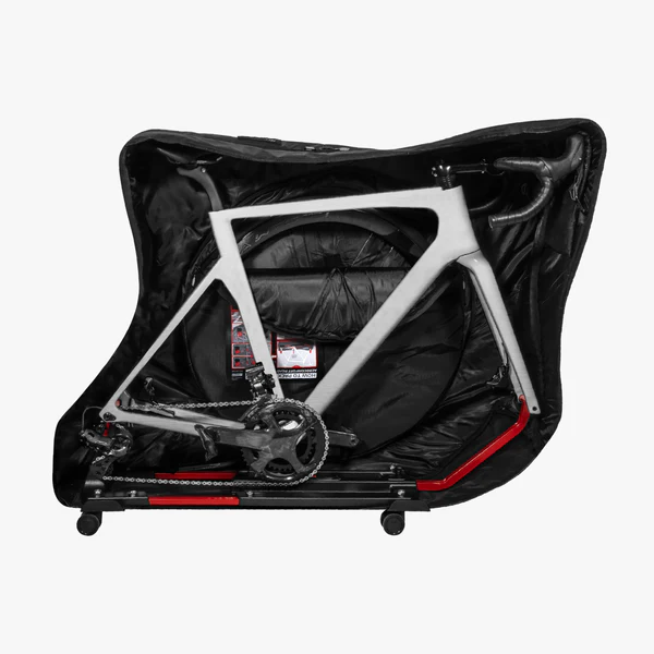 Scicon Aerocomfort 3.0 road bike travel bag with padded interior, sturdy wheels, and secure straps for safe bike transportation.