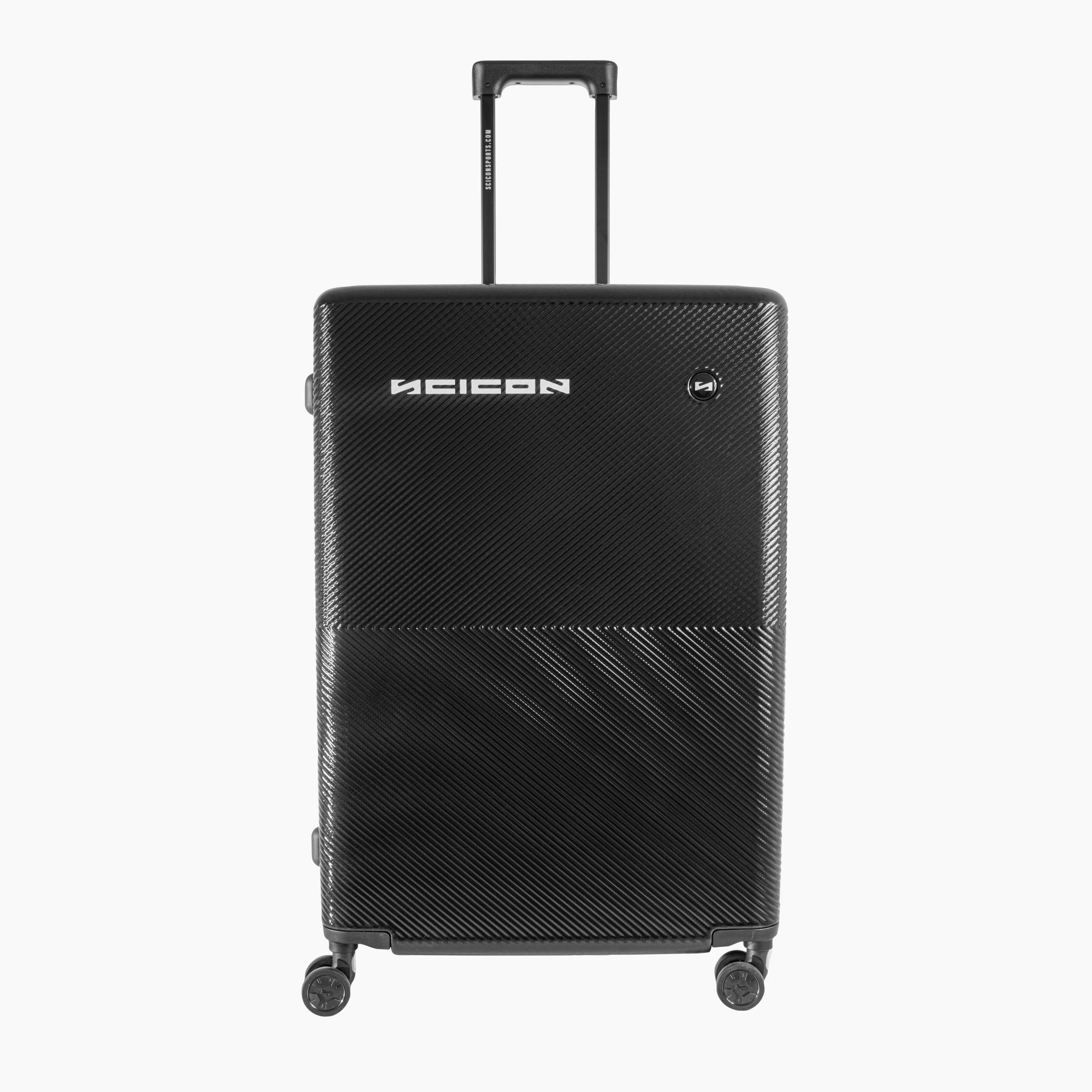 Scicon expandable 100L trolley luggage with sturdy wheels and handle, designed for versatile travel and easy maneuverability.